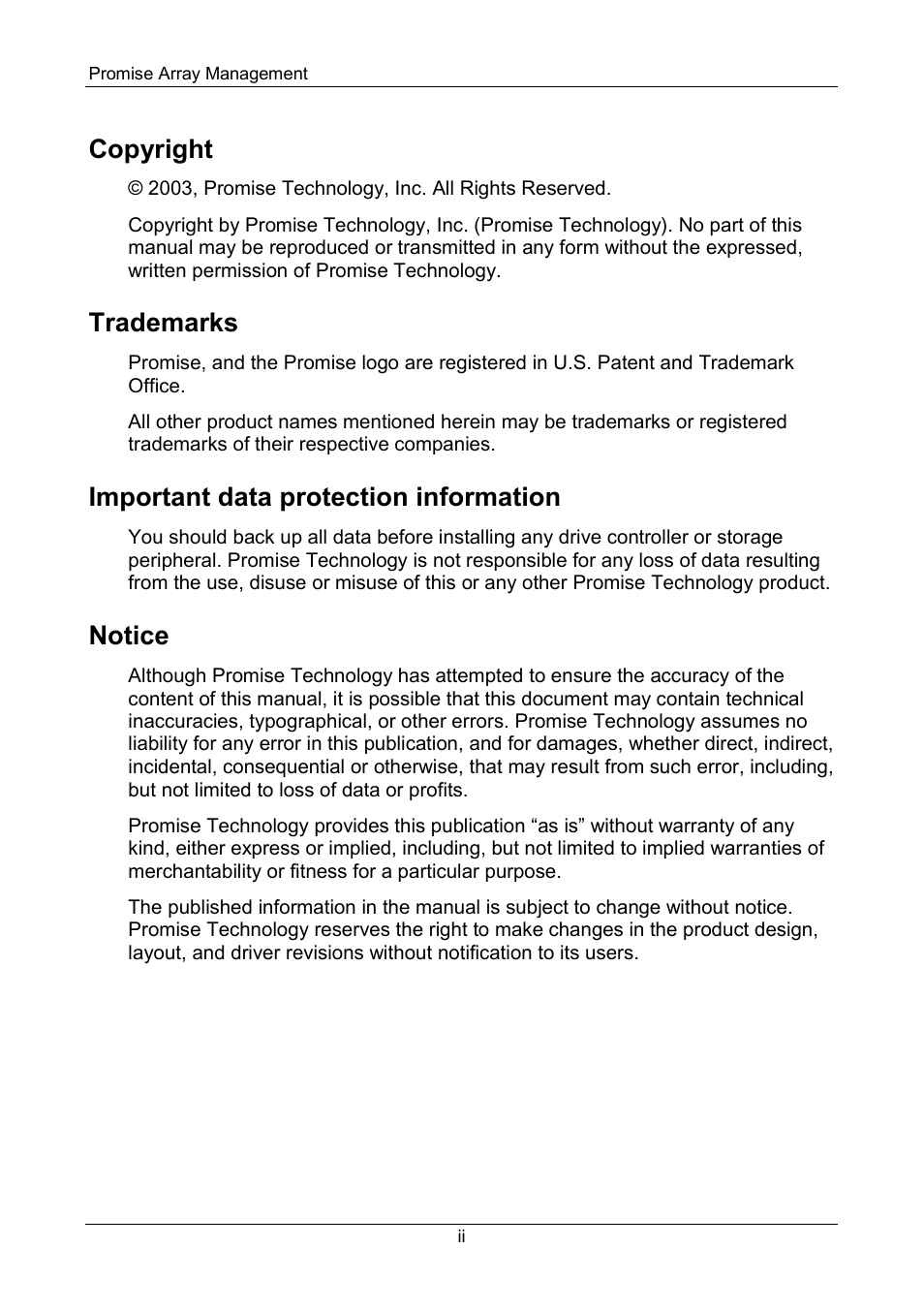 Copyright, Trademarks, Important data protection information | Notice | Promise Technology FastTrak SX Series Version 4.4 User Manual | Page 2 / 102
