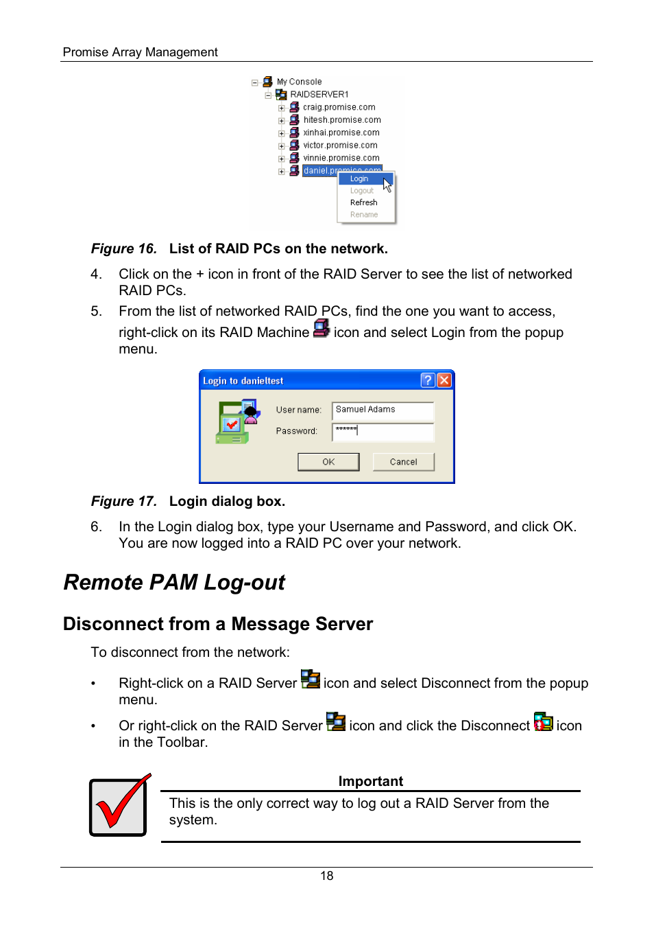 Remote pam log-out, Disconnect from a message server | Promise Technology FastTrak SX Series Version 4.4 User Manual | Page 22 / 102