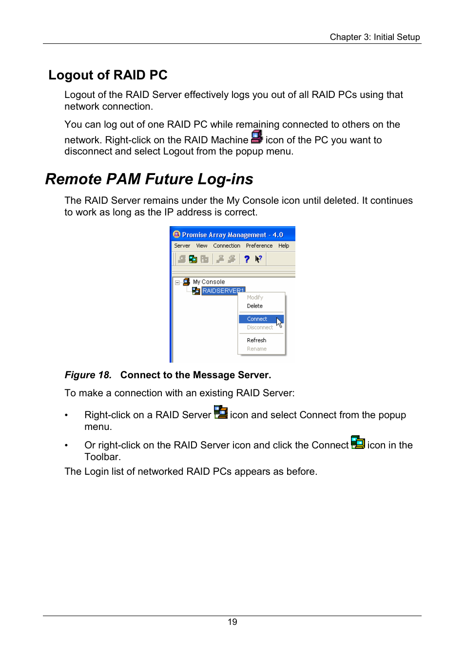 Logout of raid pc, Remote pam future log-ins | Promise Technology FastTrak SX Series Version 4.4 User Manual | Page 23 / 102