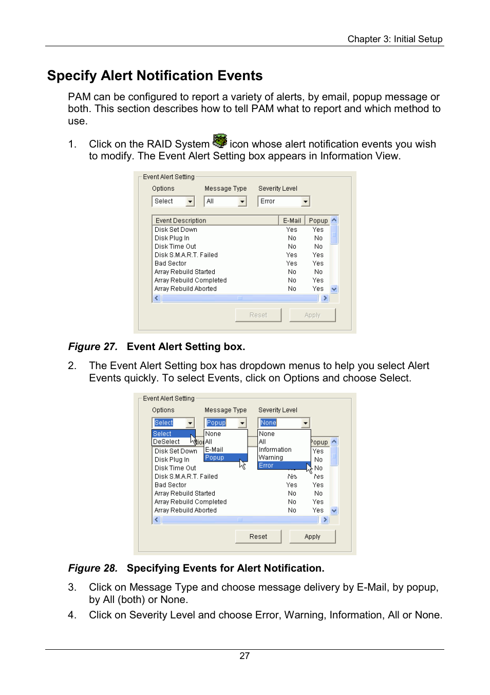 Specify alert notification events | Promise Technology FastTrak SX Series Version 4.4 User Manual | Page 31 / 102