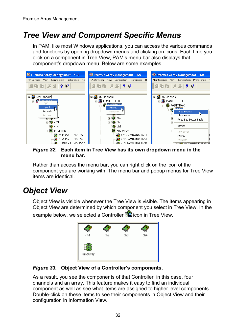 Tree view and component specific menus, Object view | Promise Technology FastTrak SX Series Version 4.4 User Manual | Page 36 / 102