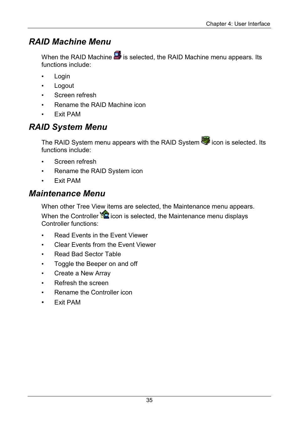 Raid machine menu, Raid system menu, Maintenance menu | Promise Technology FastTrak SX Series Version 4.4 User Manual | Page 39 / 102