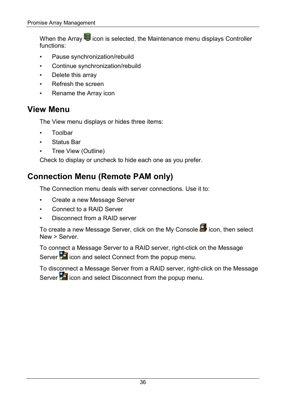 View menu, Connection menu, Connection menu (remote pam only) | Promise Technology FastTrak SX Series Version 4.4 User Manual | Page 40 / 102