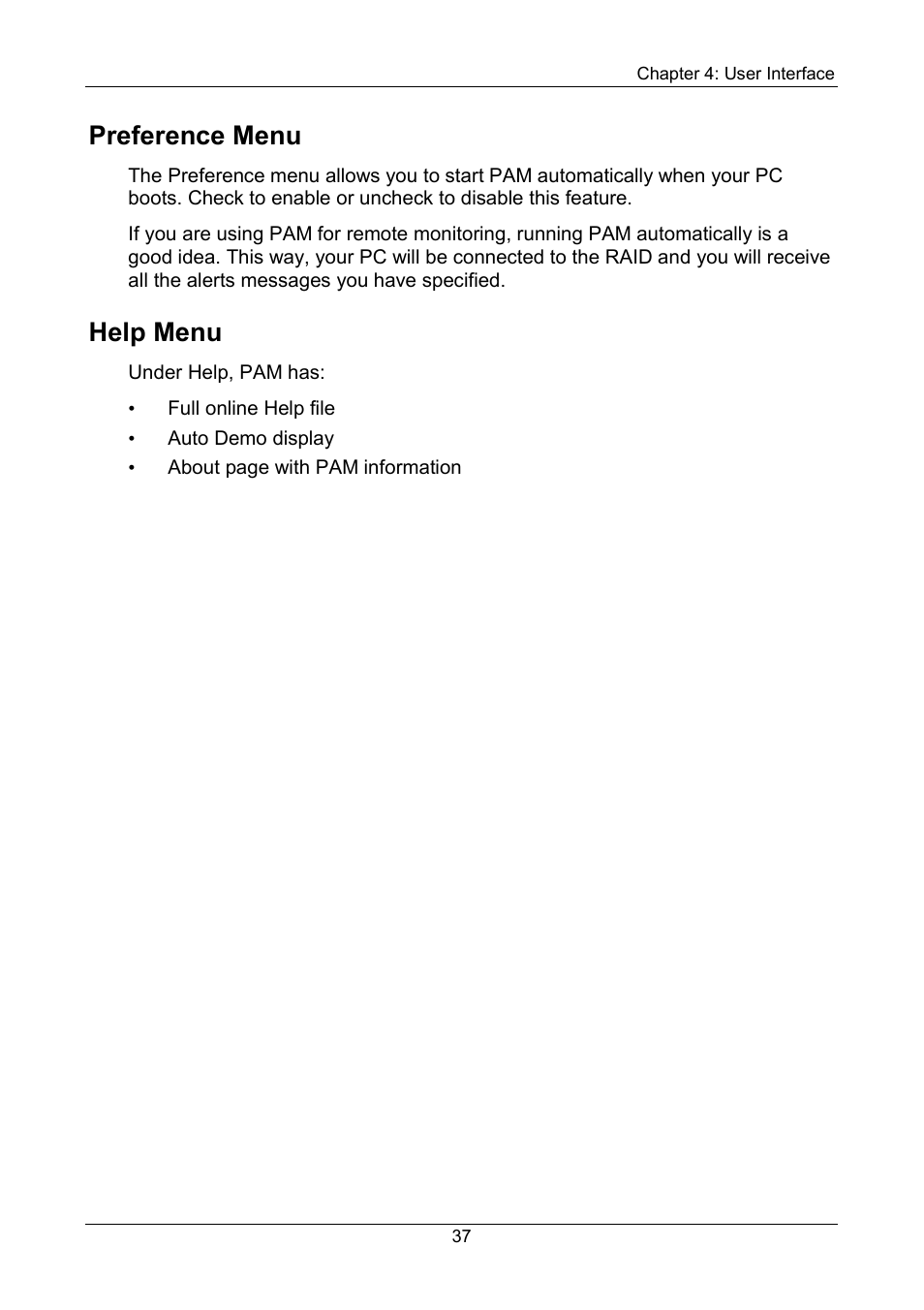 Preference menu, Help menu | Promise Technology FastTrak SX Series Version 4.4 User Manual | Page 41 / 102