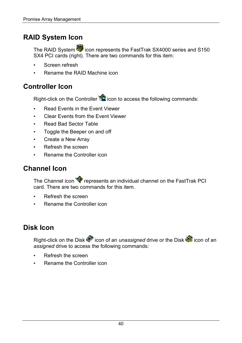Raid system icon, Controller icon, Channel icon | Disk icon | Promise Technology FastTrak SX Series Version 4.4 User Manual | Page 44 / 102