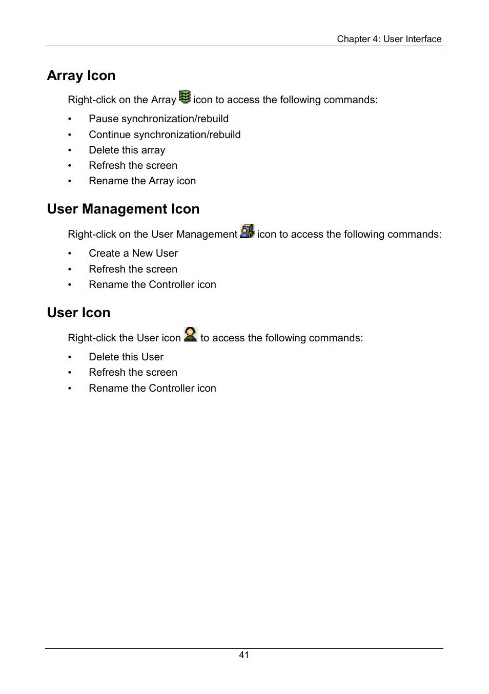 Array icon, User management icon, User icon | Promise Technology FastTrak SX Series Version 4.4 User Manual | Page 45 / 102