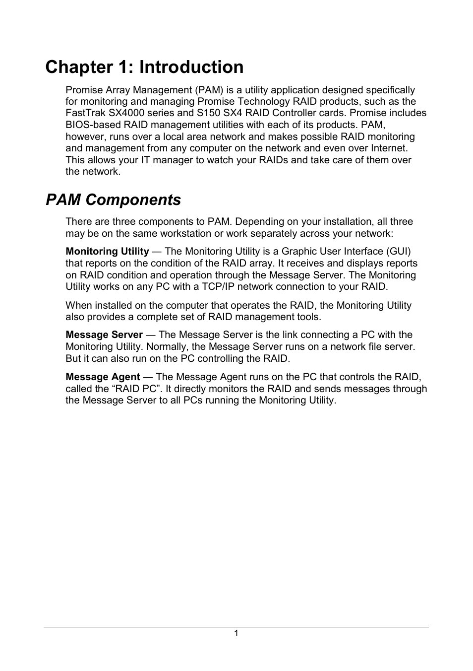 Chapter 1: introduction, Pam components | Promise Technology FastTrak SX Series Version 4.4 User Manual | Page 5 / 102