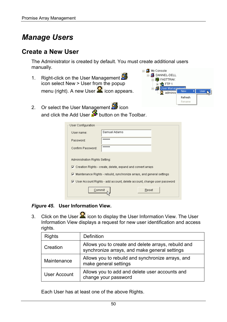 Manage users, Create a new user | Promise Technology FastTrak SX Series Version 4.4 User Manual | Page 54 / 102