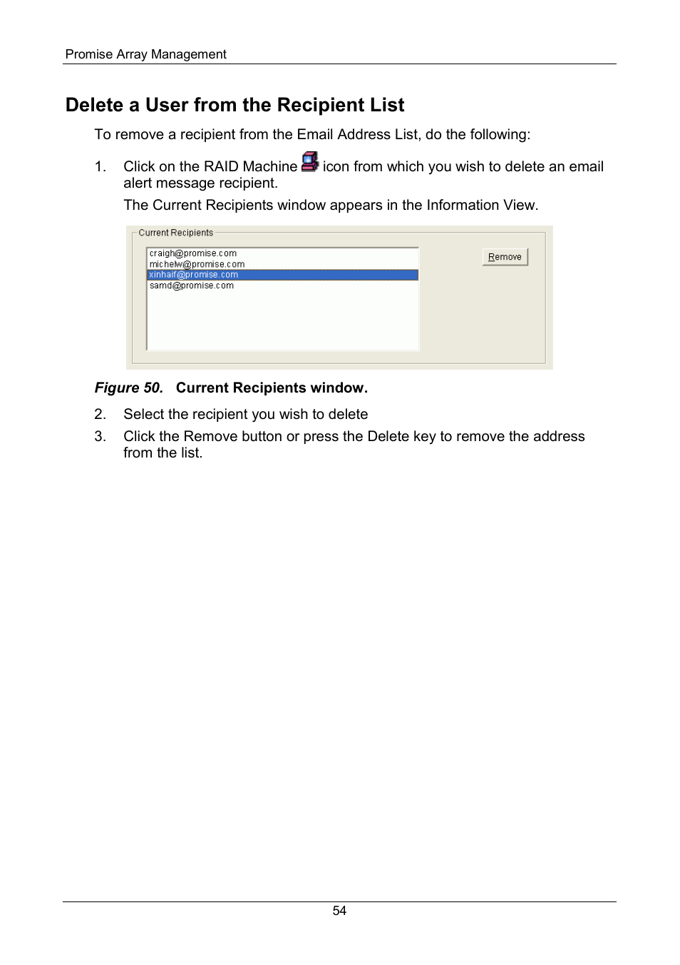 Delete a user from the recipient list | Promise Technology FastTrak SX Series Version 4.4 User Manual | Page 58 / 102