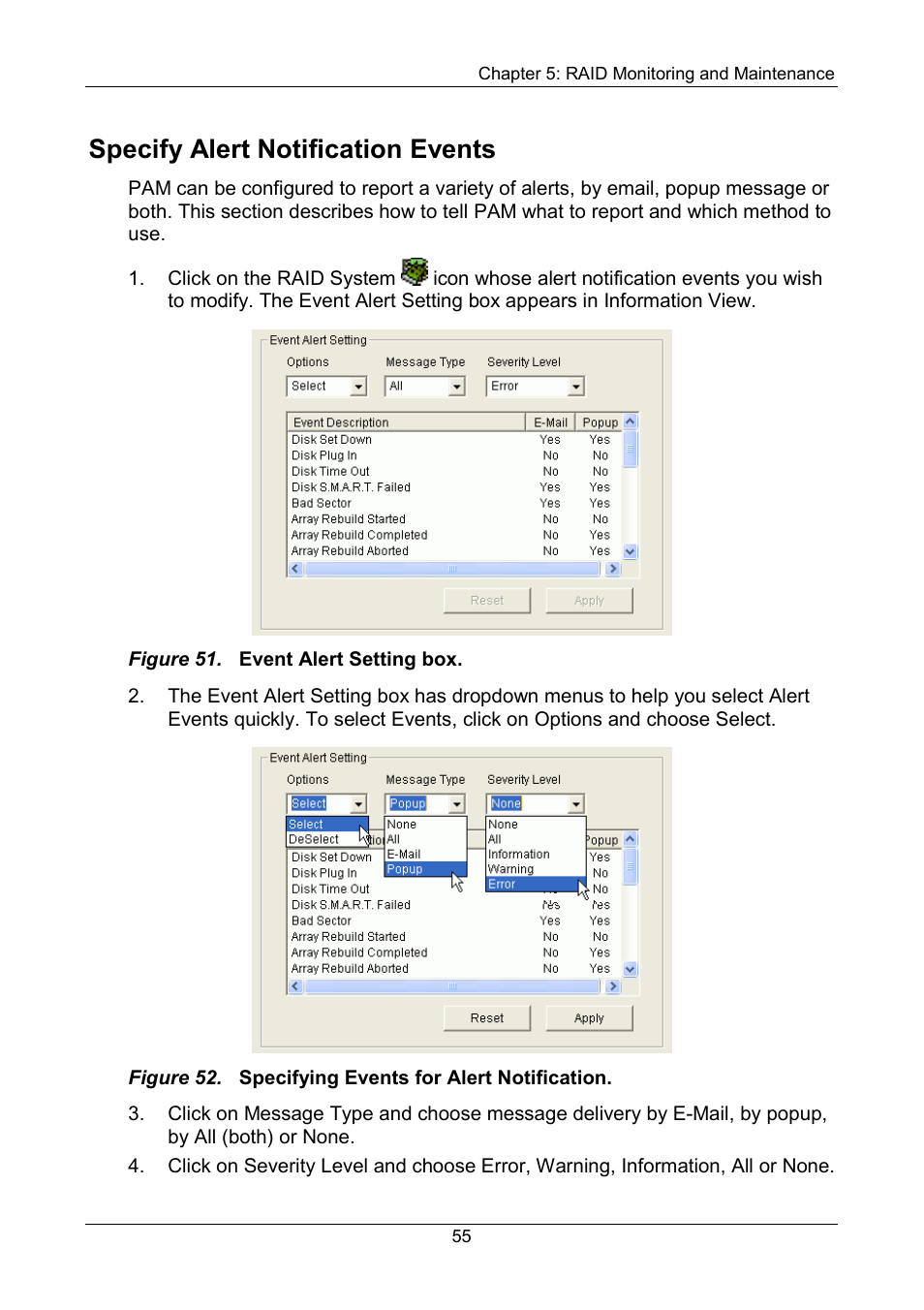Specify alert notification events | Promise Technology FastTrak SX Series Version 4.4 User Manual | Page 59 / 102