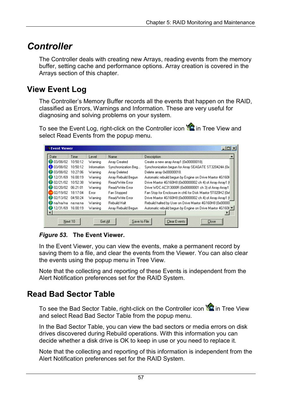 Controller, View event log, Read bad sector table | Promise Technology FastTrak SX Series Version 4.4 User Manual | Page 61 / 102