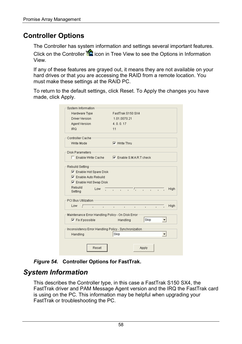Controller options, System information | Promise Technology FastTrak SX Series Version 4.4 User Manual | Page 62 / 102
