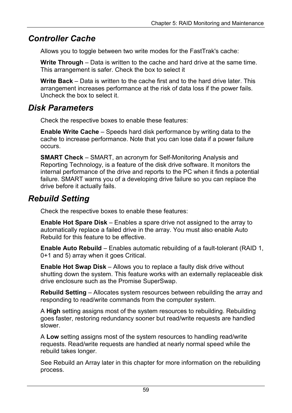 Controller cache, Disk parameters, Rebuild setting | Promise Technology FastTrak SX Series Version 4.4 User Manual | Page 63 / 102