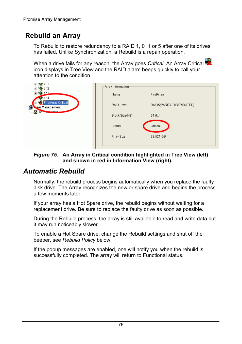 Rebuild an array, Automatic, Automatic rebuild | Promise Technology FastTrak SX Series Version 4.4 User Manual | Page 80 / 102