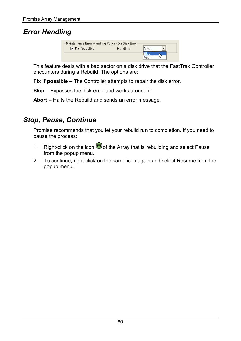 Error handling, Stop, pause, continue | Promise Technology FastTrak SX Series Version 4.4 User Manual | Page 84 / 102