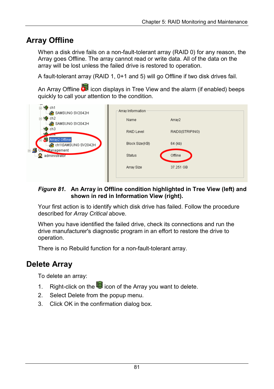 Array offline, Delete array | Promise Technology FastTrak SX Series Version 4.4 User Manual | Page 85 / 102