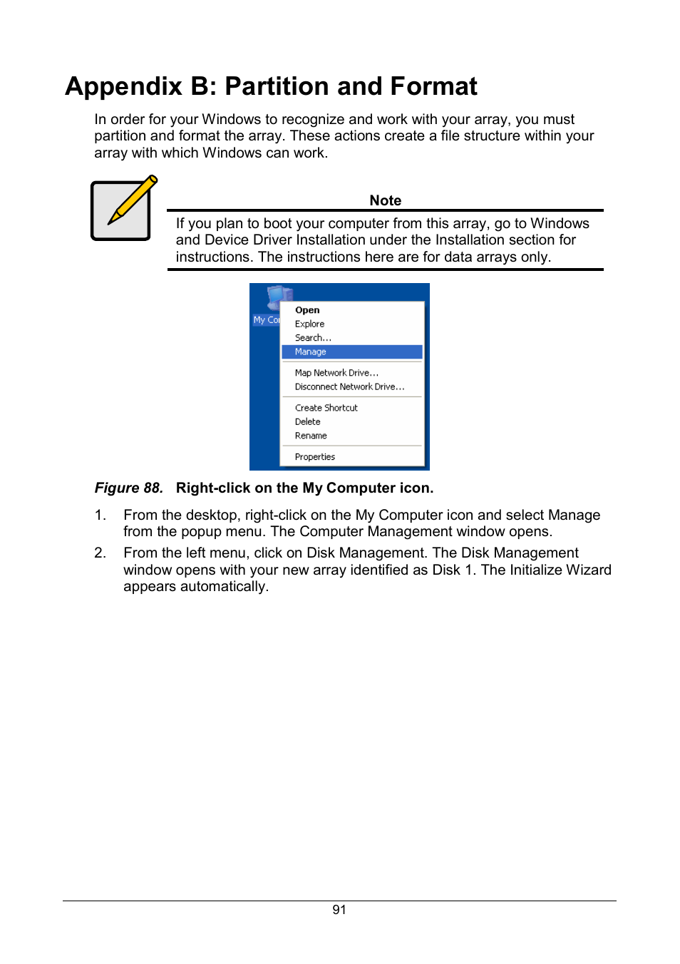 Appendix b: partition and format (windows), Appendix b: partition and format | Promise Technology FastTrak SX Series Version 4.4 User Manual | Page 95 / 102
