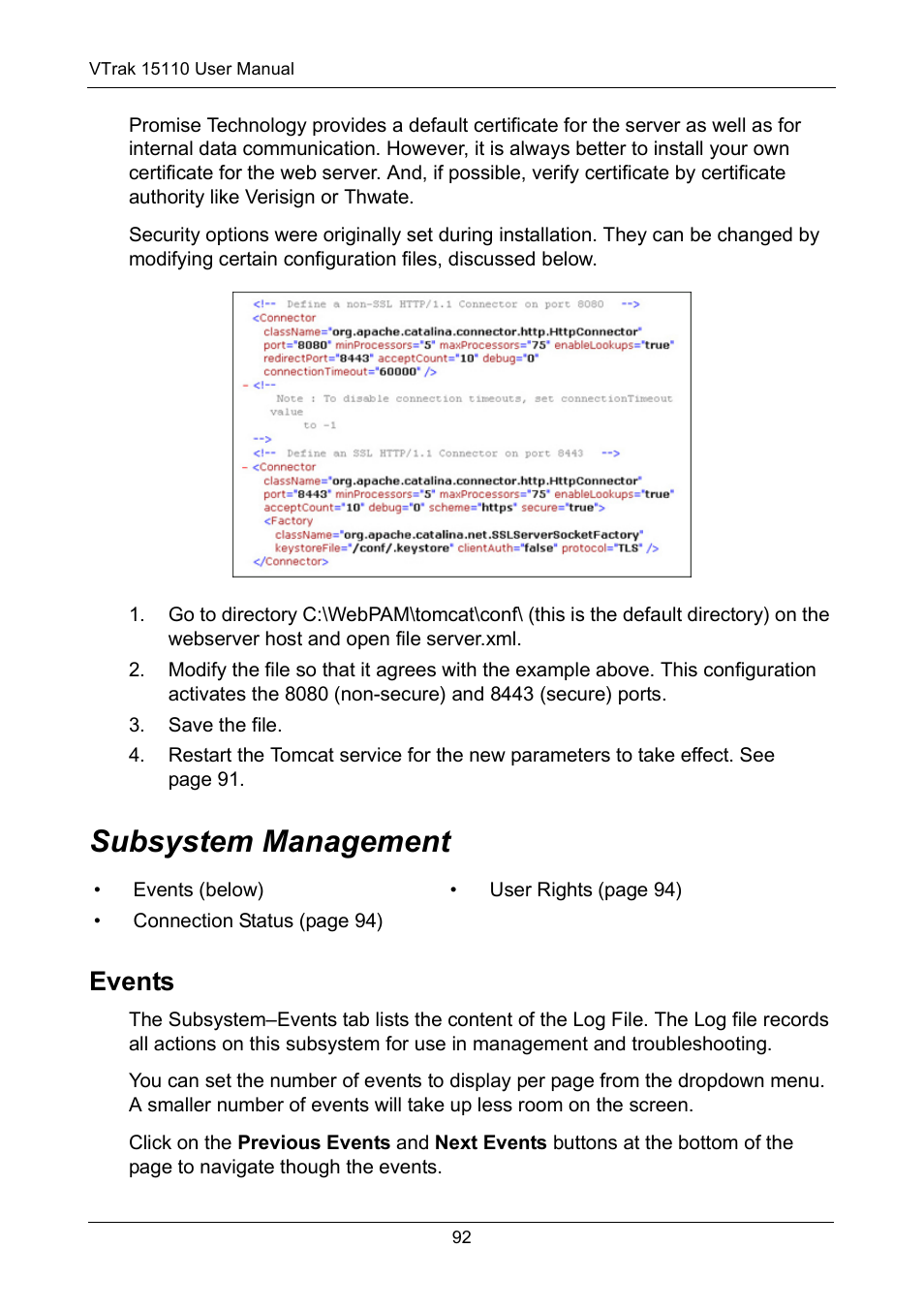 Subsystem management, Events | Promise Technology VTrak 15110 User Manual | Page 100 / 264