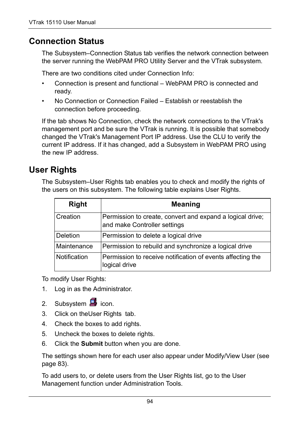 Connection status, User rights, Connection status user rights | Promise Technology VTrak 15110 User Manual | Page 102 / 264