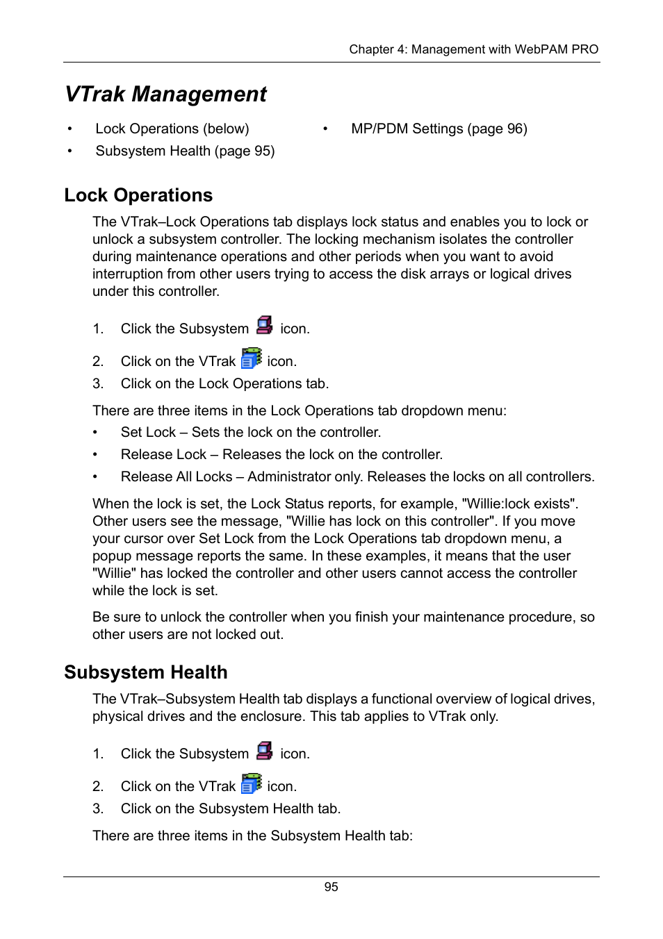 Vtrak management, Lock operations, Subsystem health | Lock operations subsystem health | Promise Technology VTrak 15110 User Manual | Page 103 / 264