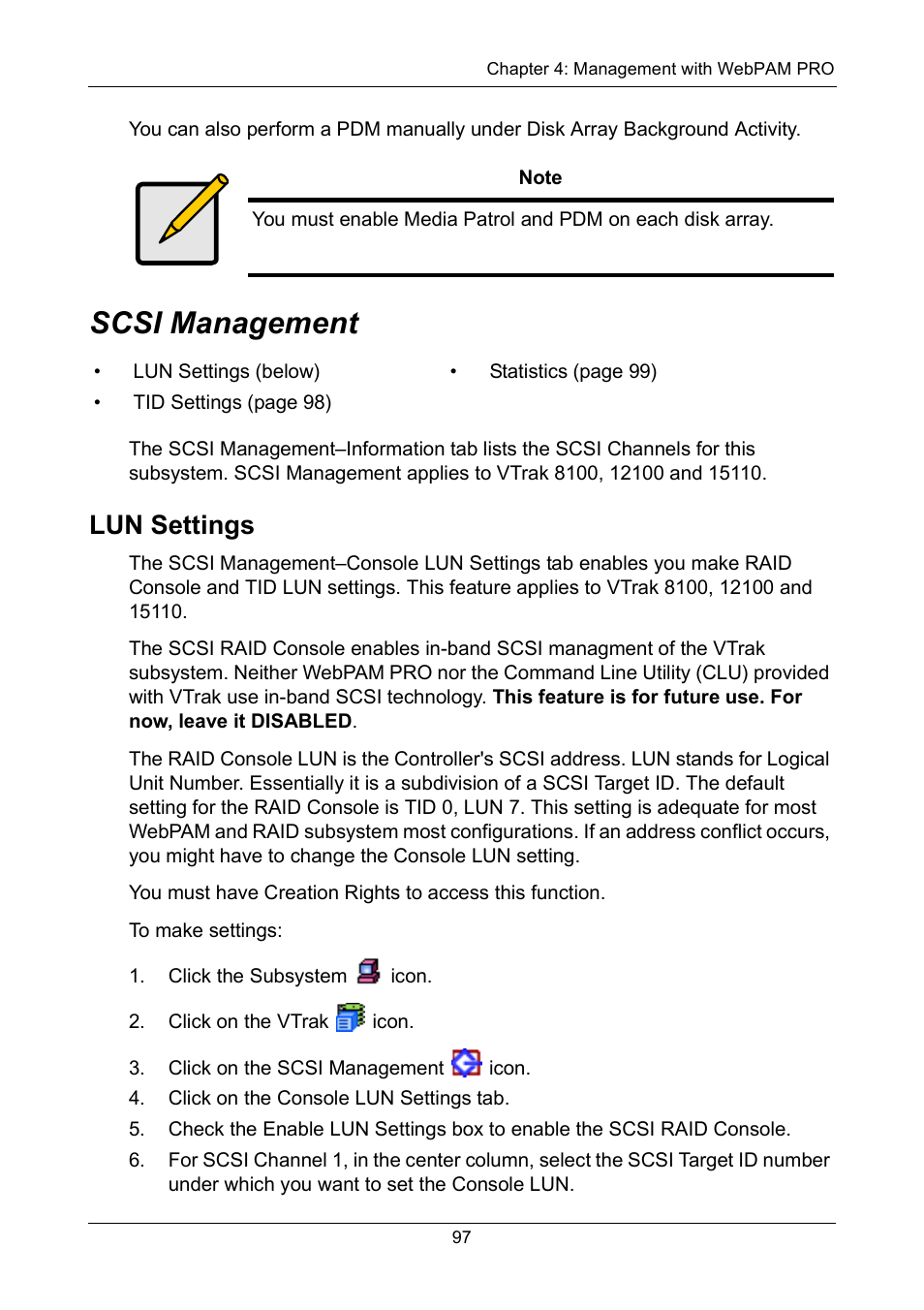 Scsi management, Lun settings | Promise Technology VTrak 15110 User Manual | Page 105 / 264