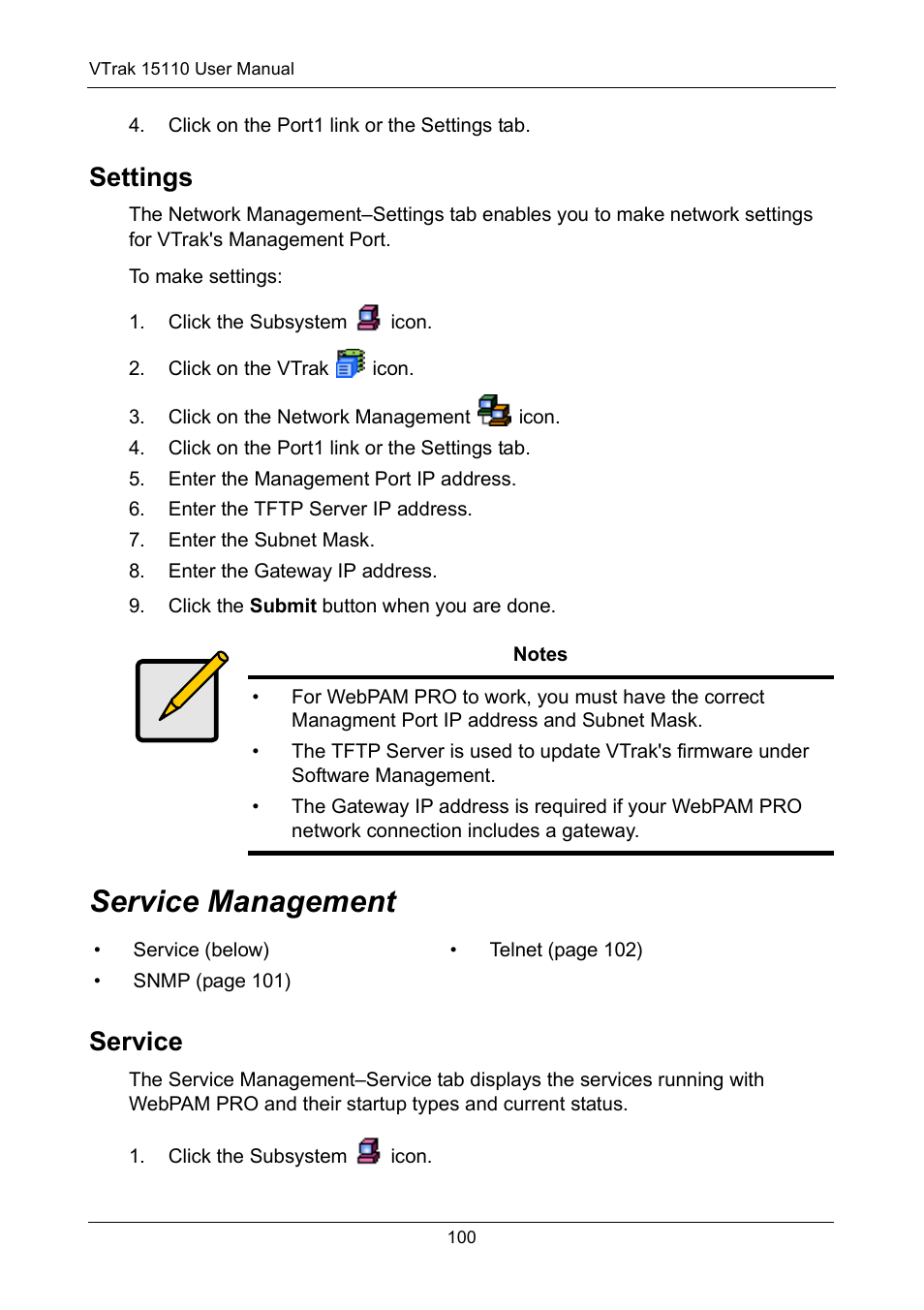 Settings, Service management, Service | Promise Technology VTrak 15110 User Manual | Page 108 / 264