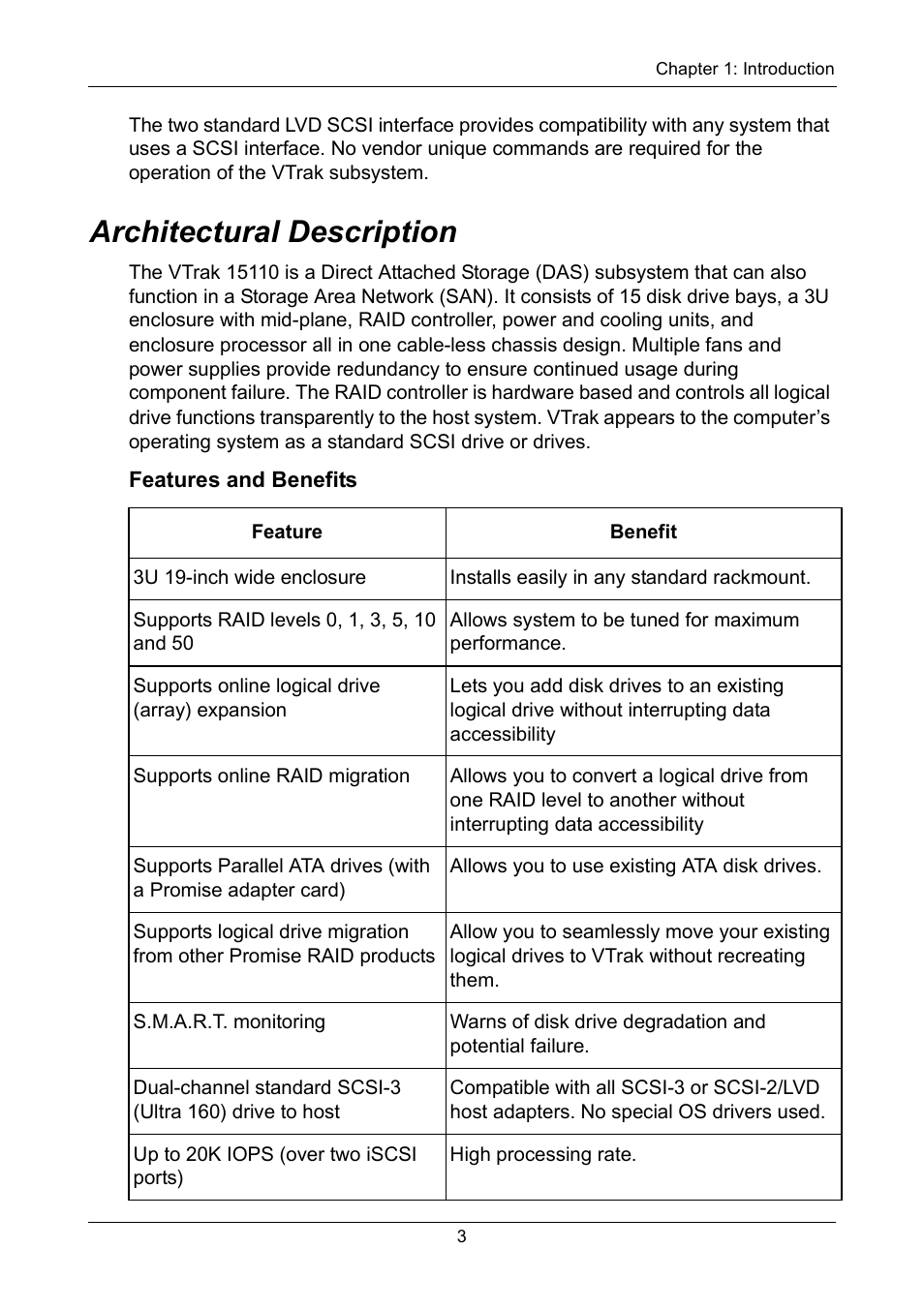 Architectural description, Features and benefits | Promise Technology VTrak 15110 User Manual | Page 11 / 264