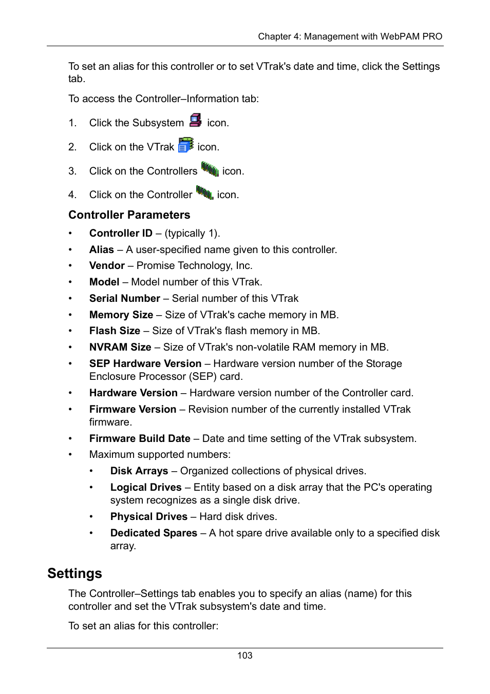 Controller parameters, Settings | Promise Technology VTrak 15110 User Manual | Page 111 / 264