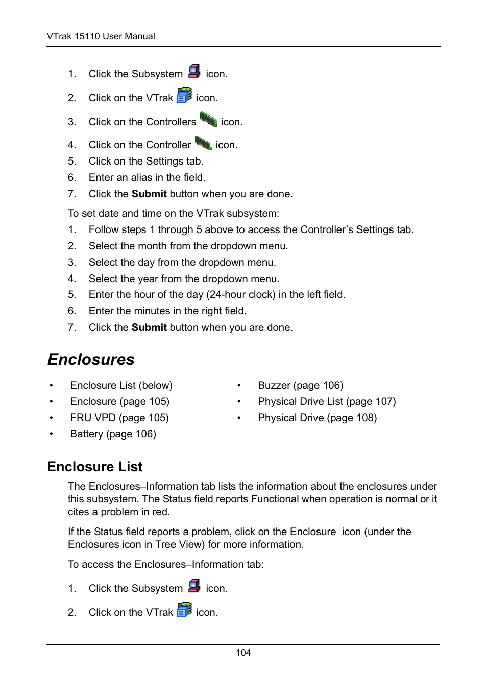 Enclosures, Enclosure list | Promise Technology VTrak 15110 User Manual | Page 112 / 264