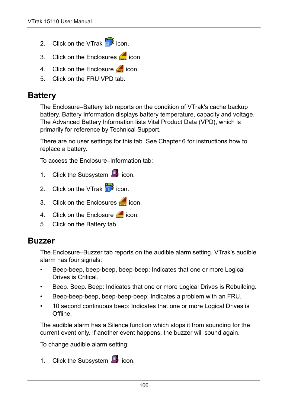 Battery, Buzzer, Battery buzzer | Promise Technology VTrak 15110 User Manual | Page 114 / 264