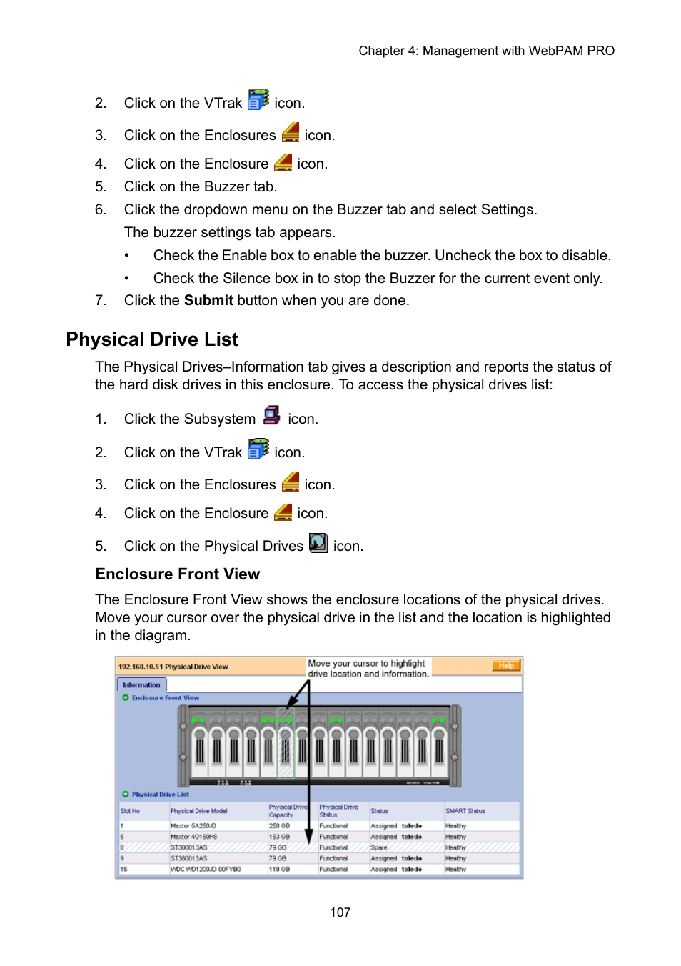 Physical drive list, Enclosure front view | Promise Technology VTrak 15110 User Manual | Page 115 / 264