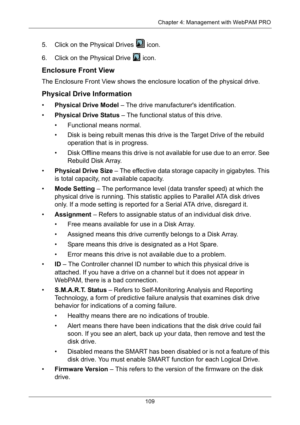 Enclosure front view, Physical drive information | Promise Technology VTrak 15110 User Manual | Page 117 / 264