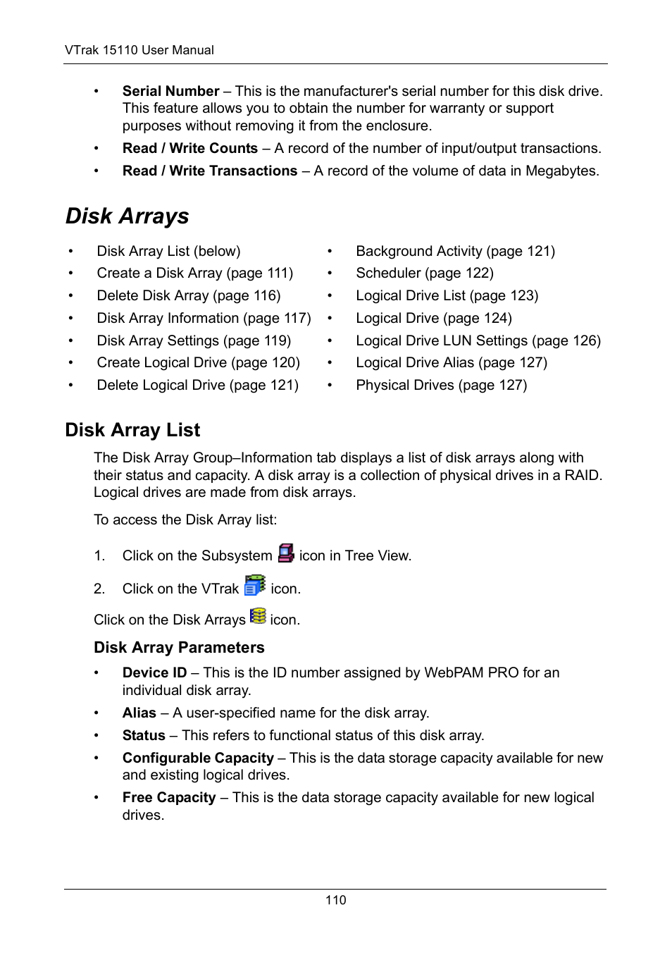 Disk arrays, Disk array list, Disk array parameters | Promise Technology VTrak 15110 User Manual | Page 118 / 264