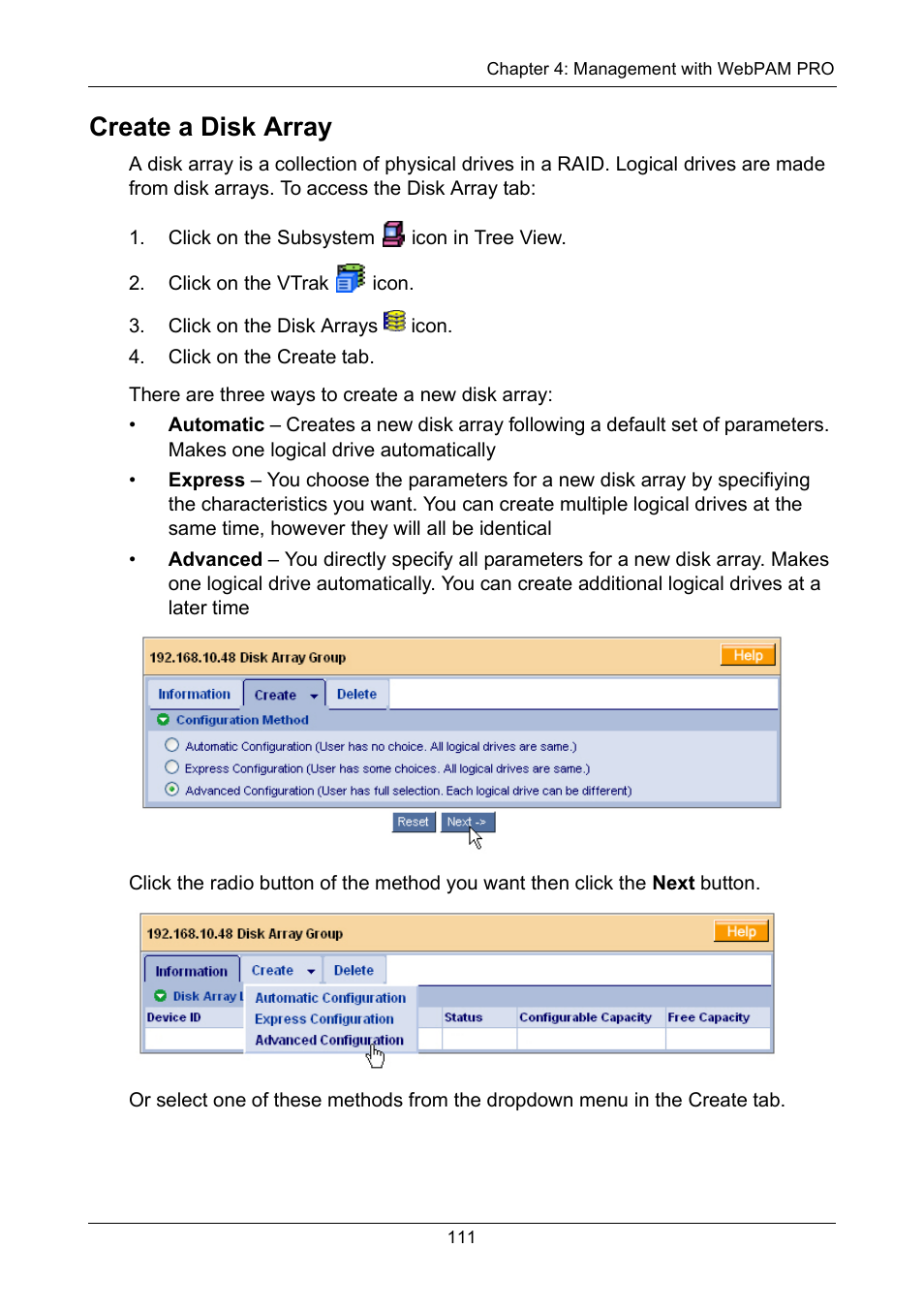 Create a disk array | Promise Technology VTrak 15110 User Manual | Page 119 / 264