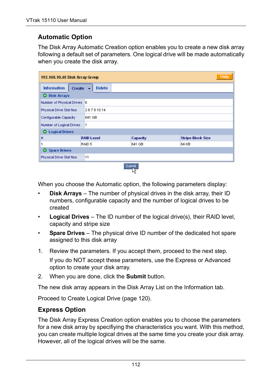 Automatic option, Express option | Promise Technology VTrak 15110 User Manual | Page 120 / 264