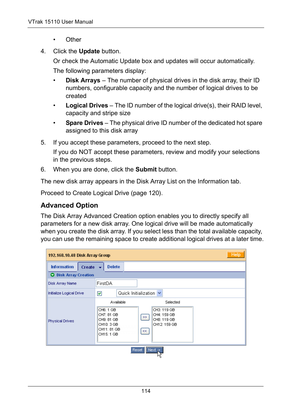 Advanced option | Promise Technology VTrak 15110 User Manual | Page 122 / 264