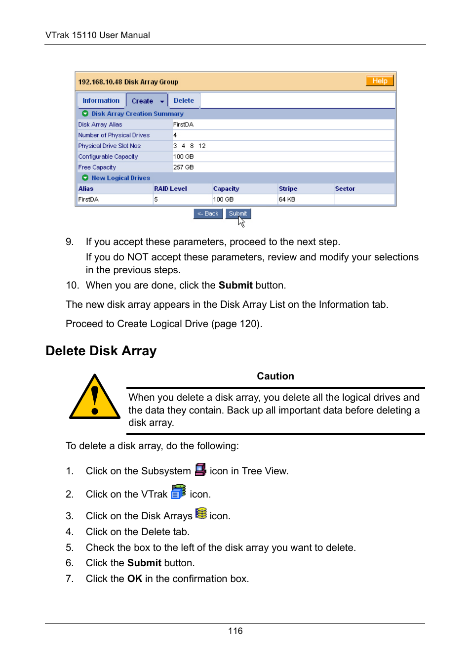 Delete disk array | Promise Technology VTrak 15110 User Manual | Page 124 / 264