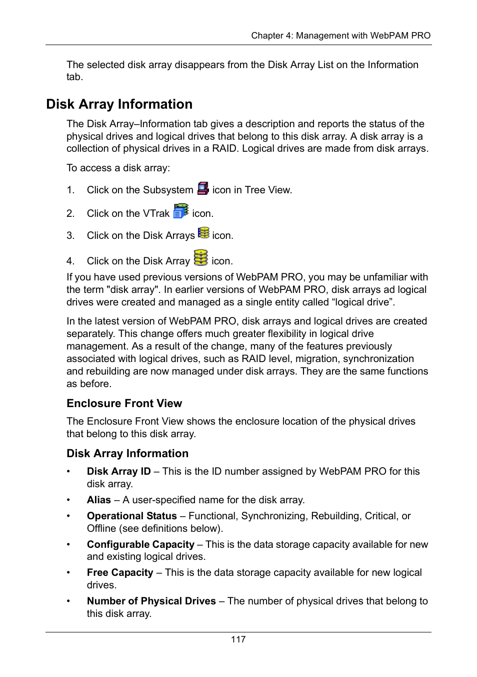 Disk array information, Enclosure front view | Promise Technology VTrak 15110 User Manual | Page 125 / 264