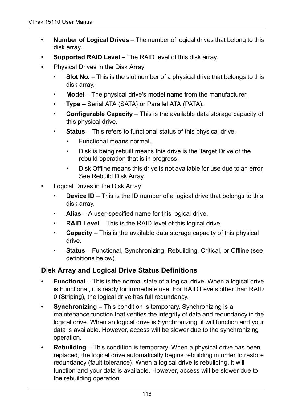 Disk array and logical drive status definitions | Promise Technology VTrak 15110 User Manual | Page 126 / 264