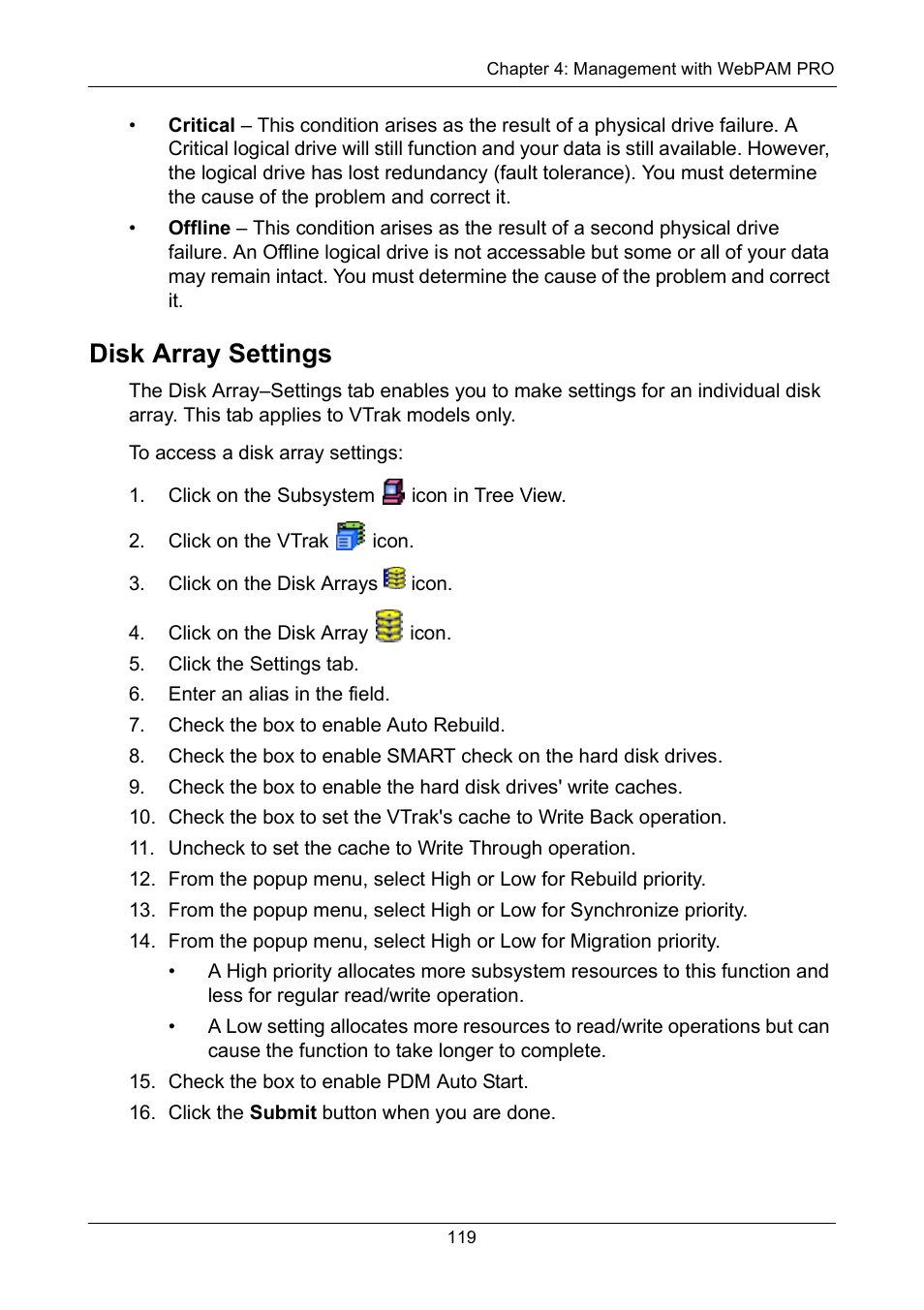 Disk array settings | Promise Technology VTrak 15110 User Manual | Page 127 / 264