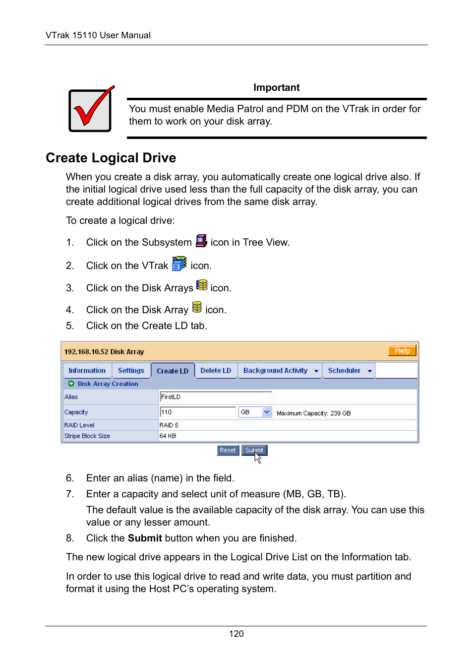 Create logical drive | Promise Technology VTrak 15110 User Manual | Page 128 / 264