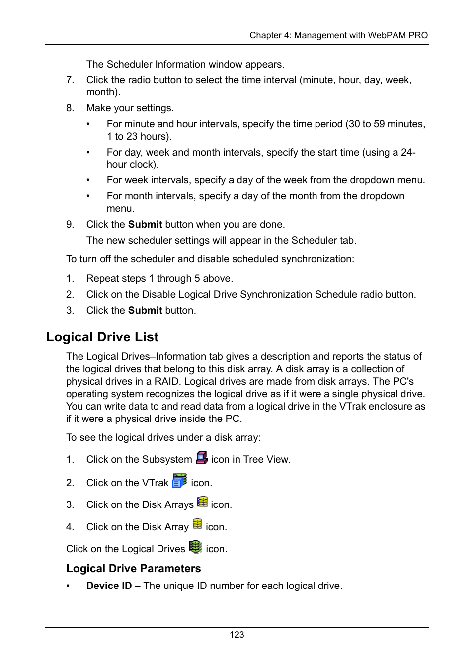 Logical drive list, Logical drive parameters | Promise Technology VTrak 15110 User Manual | Page 131 / 264