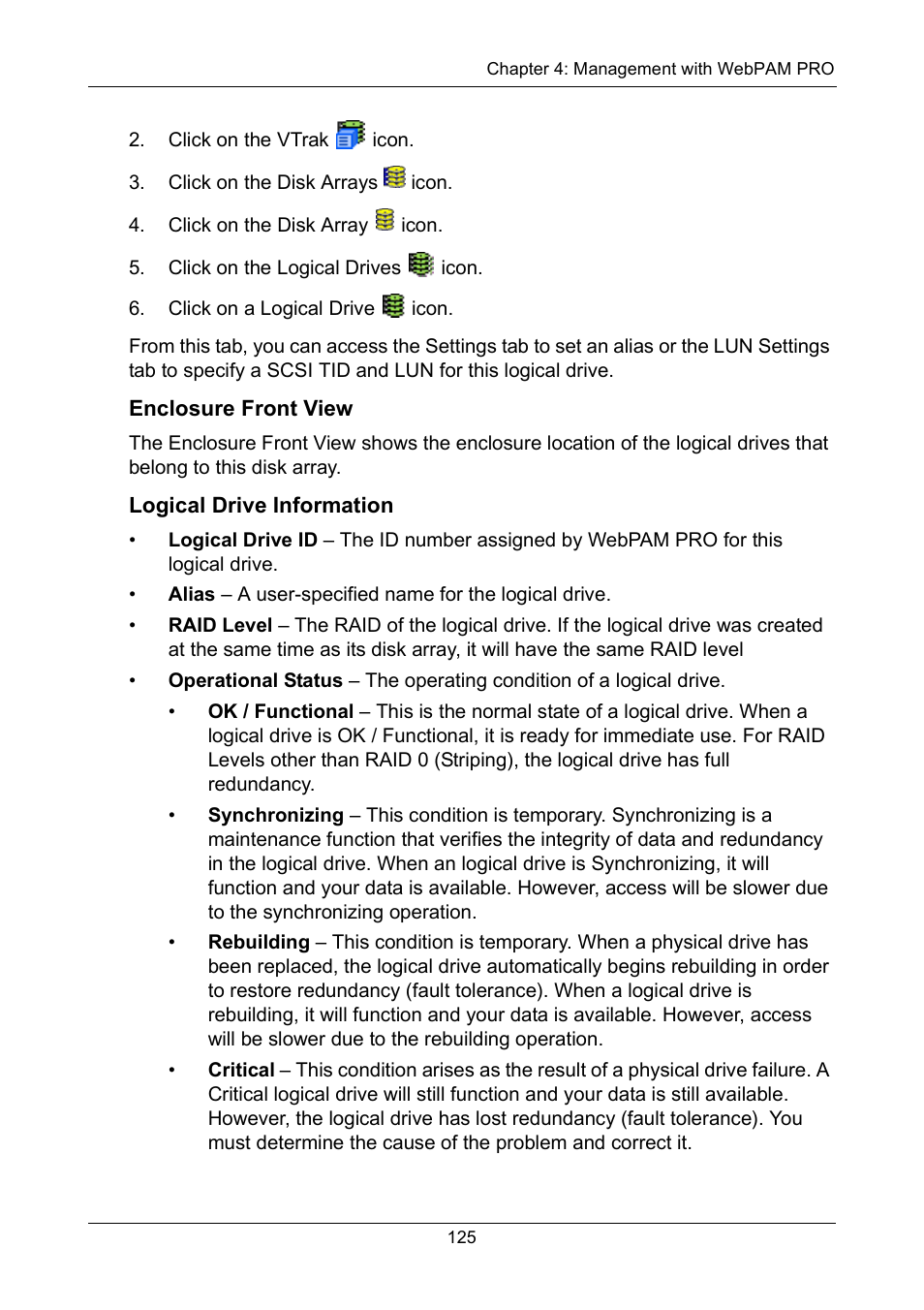 Enclosure front view, Logical drive information | Promise Technology VTrak 15110 User Manual | Page 133 / 264