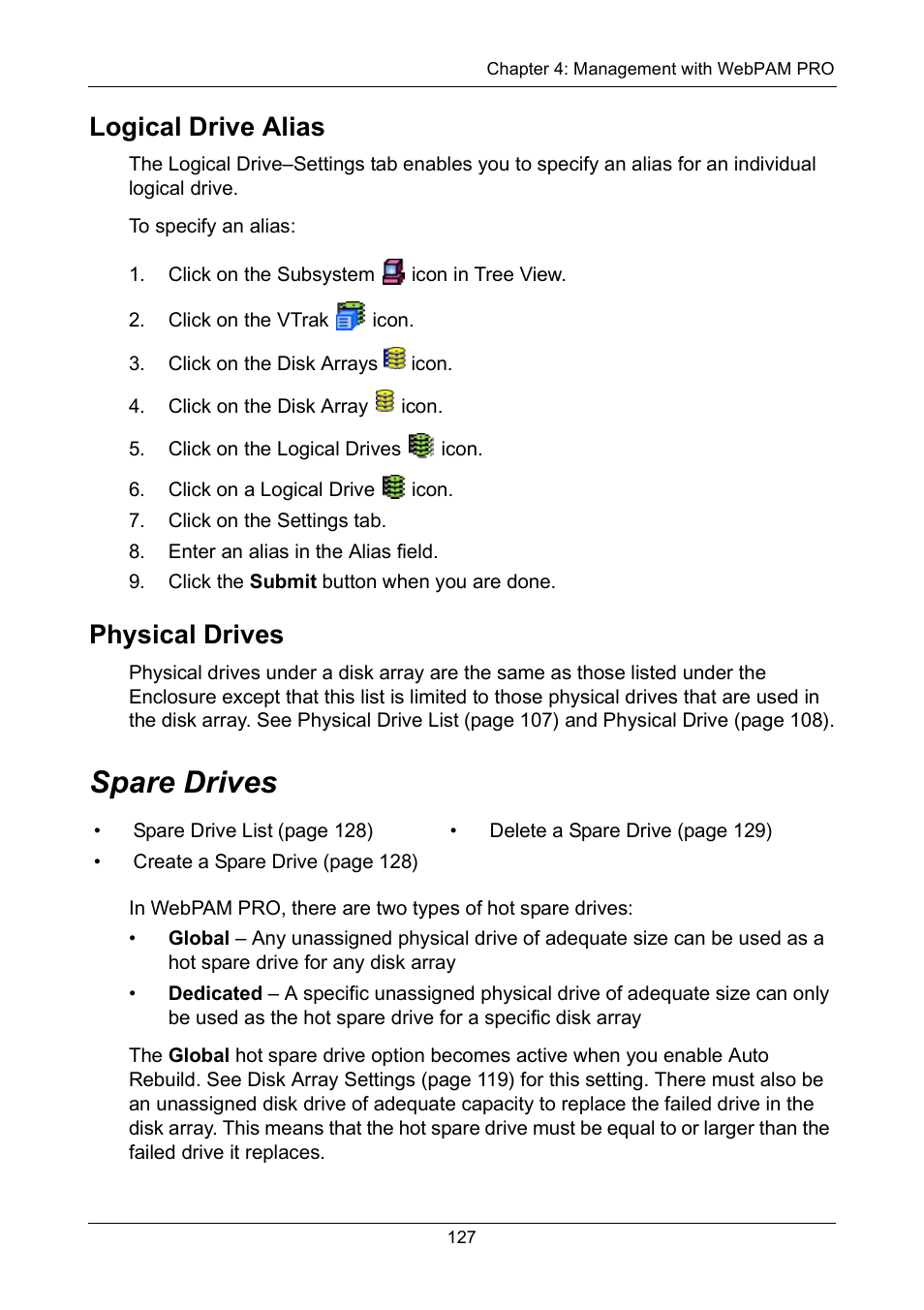 Logical drive alias, Physical drives, Spare drives | Logical drive alias physical drives | Promise Technology VTrak 15110 User Manual | Page 135 / 264