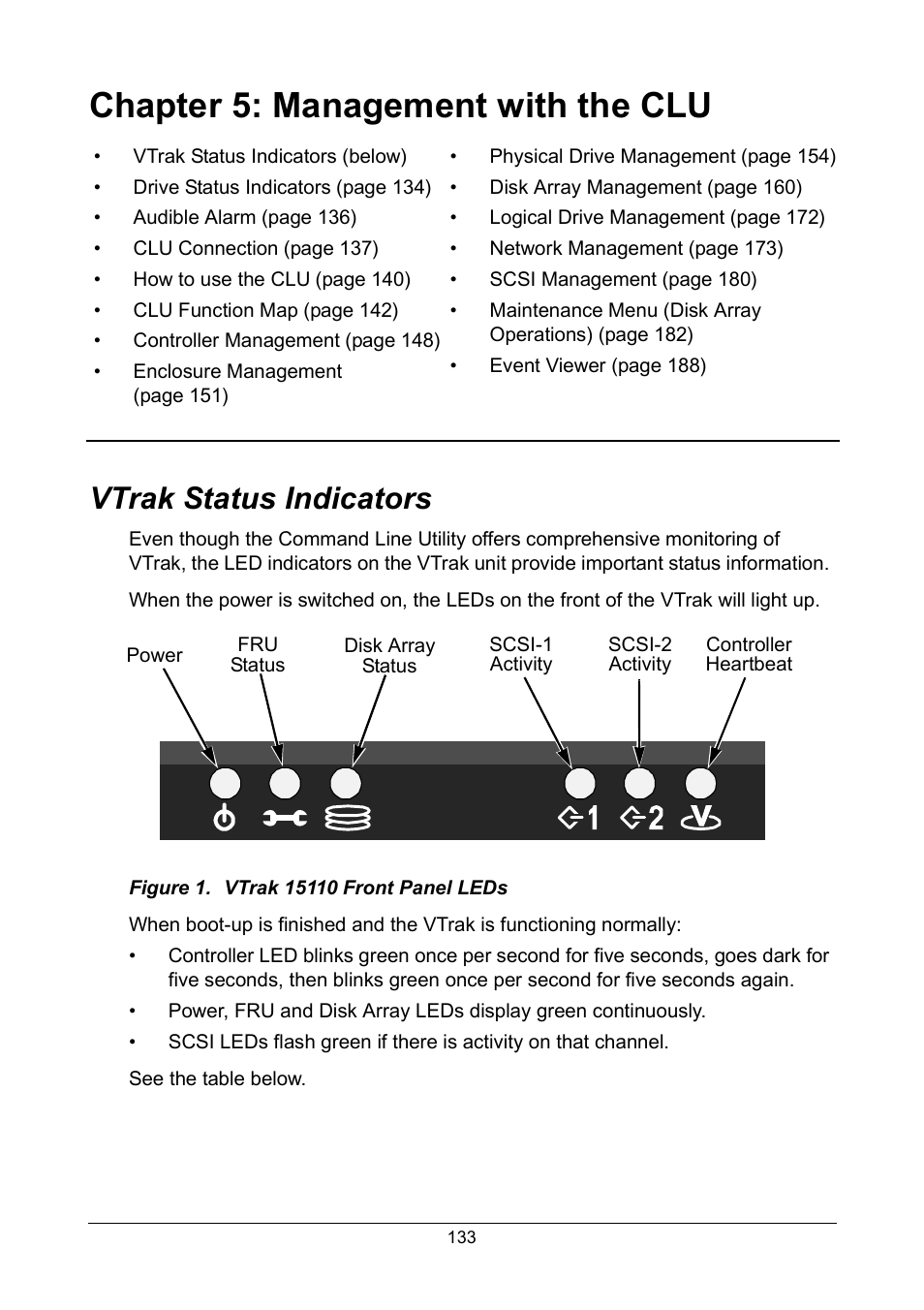 Chapter 5: management with the clu, Vtrak status indicators | Promise Technology VTrak 15110 User Manual | Page 141 / 264