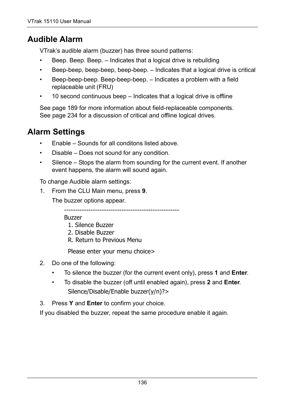 Audible alarm, Alarm settings, Audible alarm alarm settings | Promise Technology VTrak 15110 User Manual | Page 144 / 264