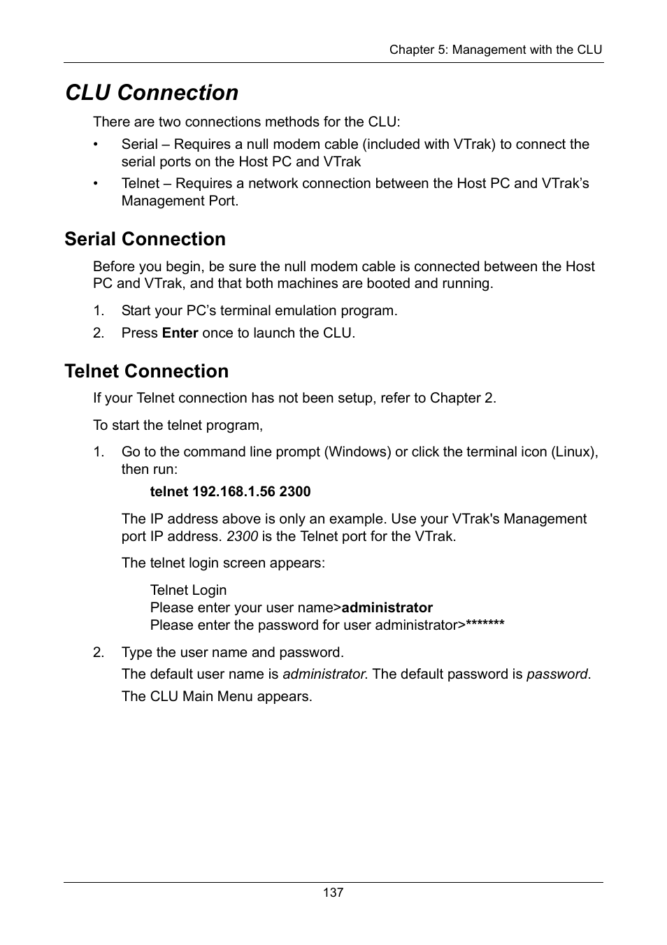 Clu connection, Serial connection, Telnet connection | Serial connection telnet connection | Promise Technology VTrak 15110 User Manual | Page 145 / 264