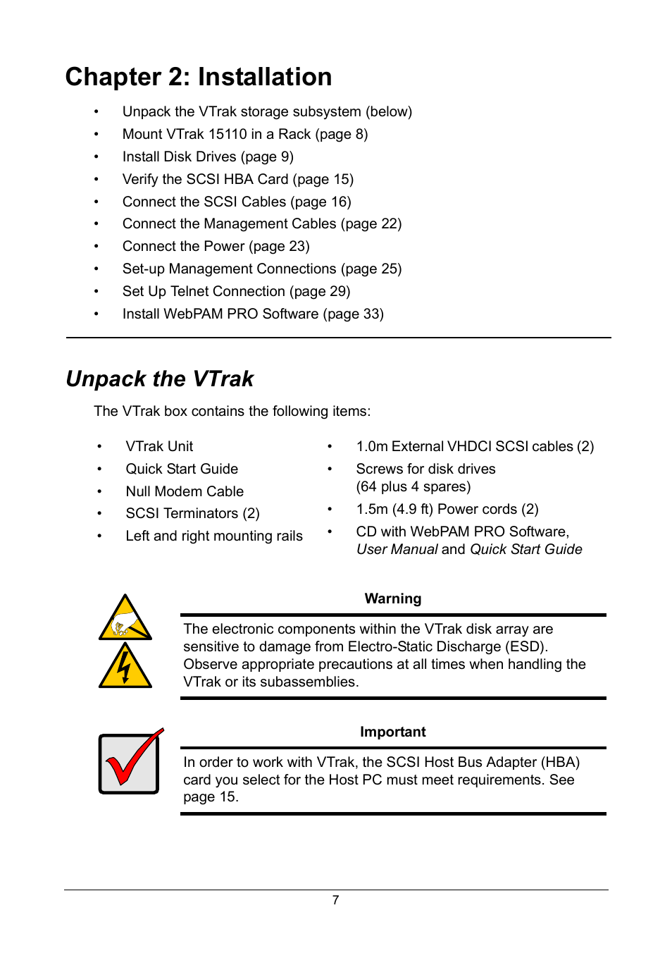 Chapter 2: installation, Unpack the vtrak | Promise Technology VTrak 15110 User Manual | Page 15 / 264