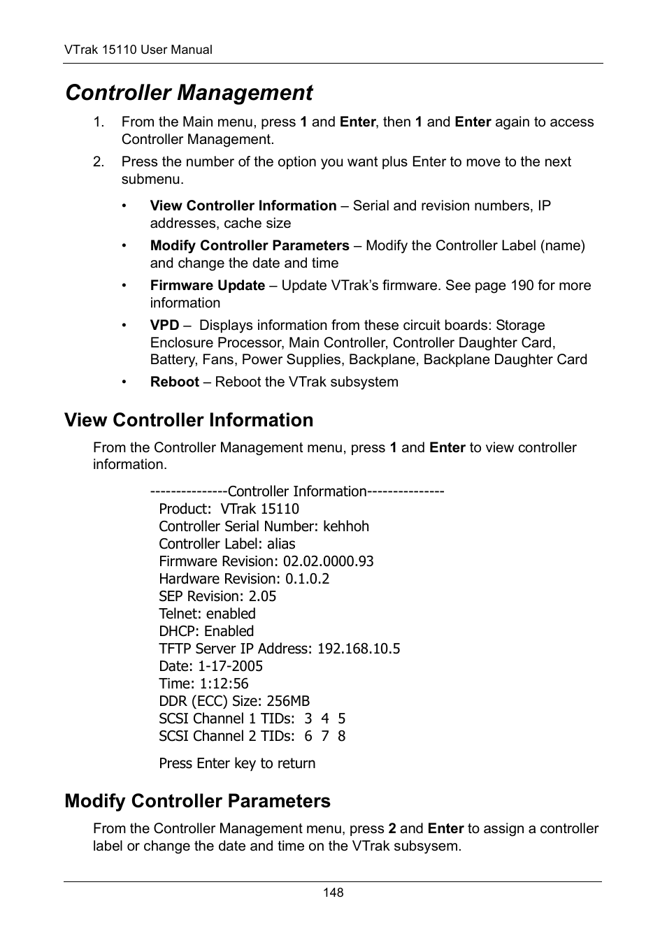 Controller management, View controller information, Modify controller parameters | Promise Technology VTrak 15110 User Manual | Page 156 / 264