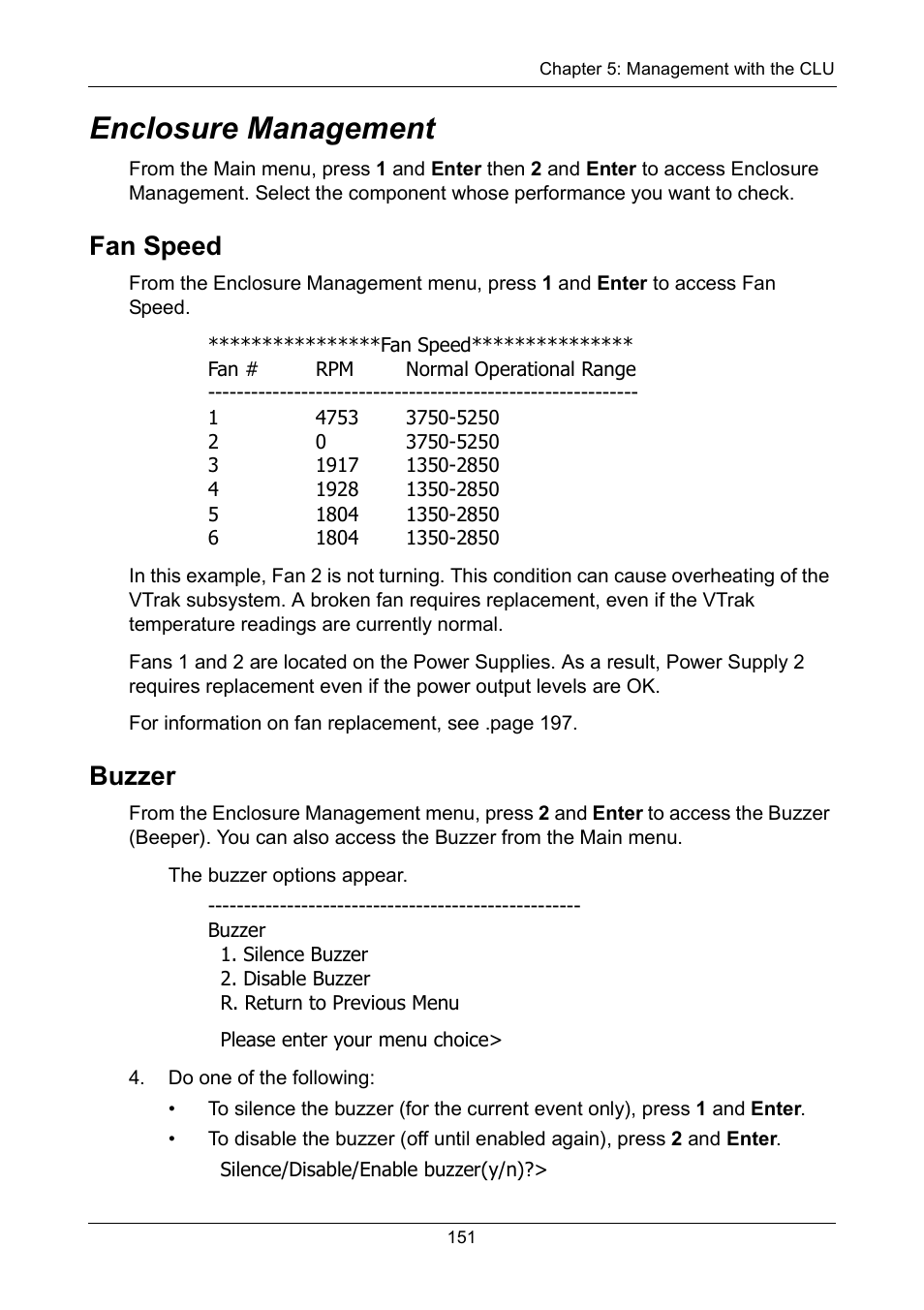 Enclosure management, Fan speed, Buzzer | Fan speed buzzer | Promise Technology VTrak 15110 User Manual | Page 159 / 264